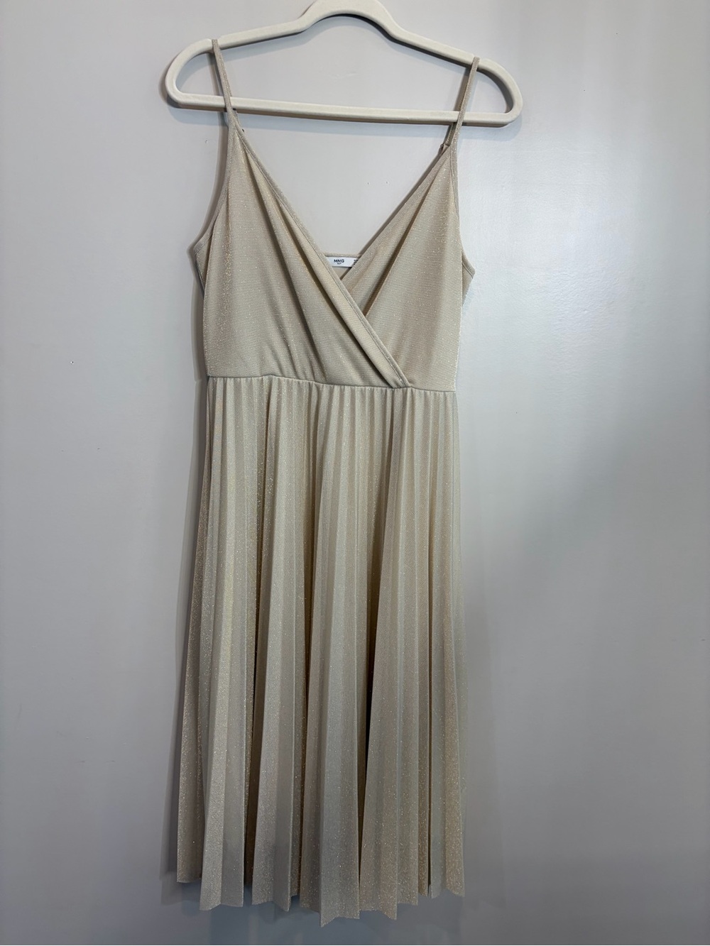 Mango Cream Shimmer Wrap-Front Midi Dress